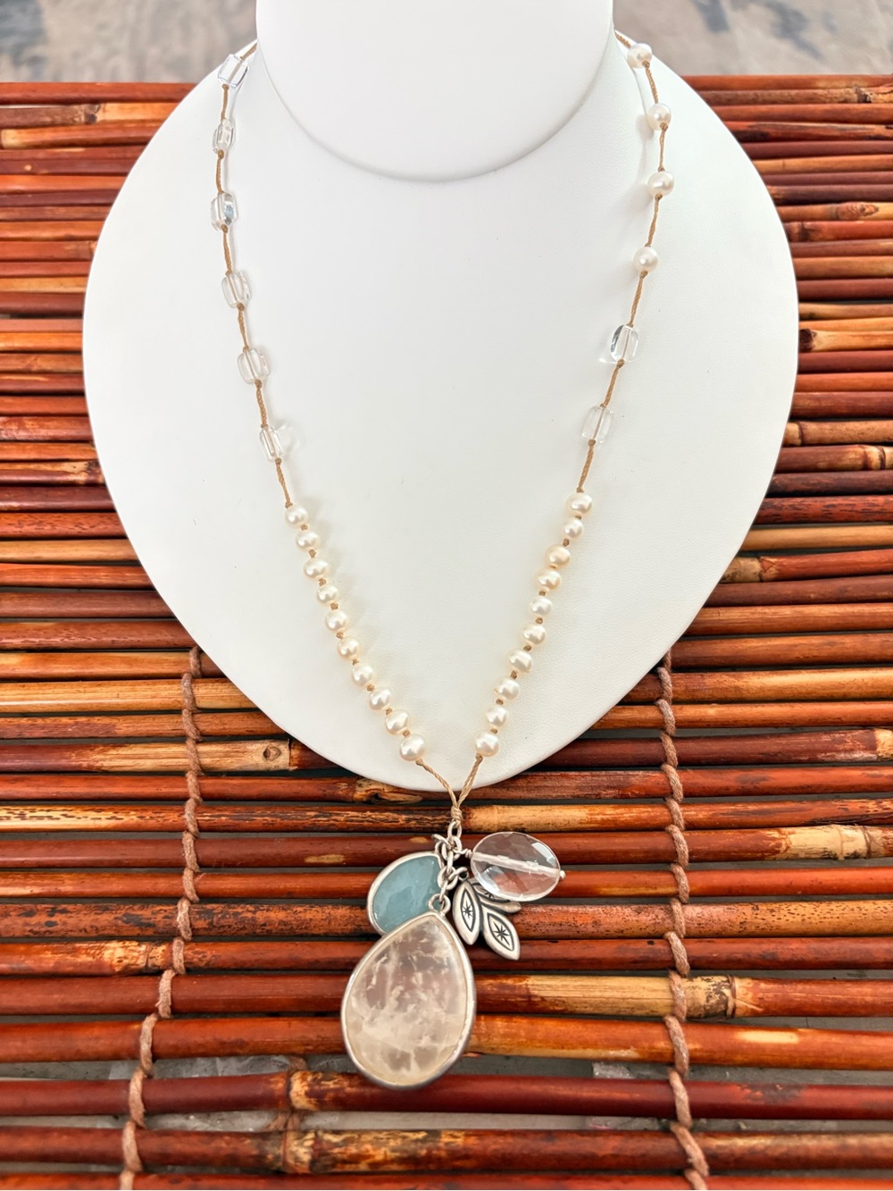 Silpada Pearl Necklace with Clear, Aqua and Cream Stone Tassel Pendant 28”